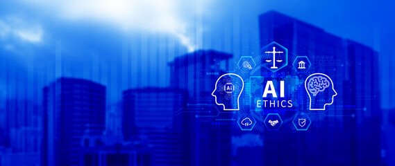 AI ethics expert guides the way, balancing artificial intelligence with humanity, Icons related AI ethics, symbols of legal scales, security, ethical standards and regulations in AI technology.