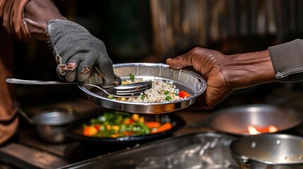 A closeup captures a weathered hand offering a metal plate filled with a vibrant mix of grains, vegetables, and spices, symbolizing nourishment and generosity in a humble setting, with a blurred backg