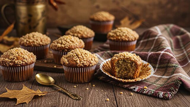 Autumnal pumpkin muffins on rustic table with vintage spoon and decorative leaves