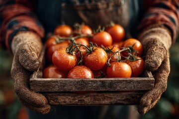 Hands of a gardener wearing gloves, holding a rustic wooden crate filled with freshly harvested ripe tomatoes, showcasing vibrant colors and organic farming practices