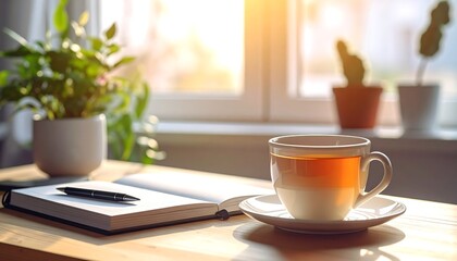 Fototapeta premium Warm morning light illuminates a cup of tea and a notebook on a wooden desk with plants.