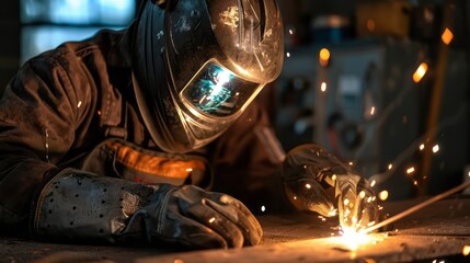 A skilled welder is shown in action, expertly joining metal pieces with precision and care, as sparks fly and illuminate the dimly lit workshop, showcasing the artistry and expertise involved in weldi