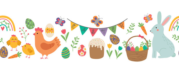 Seamless border with rabbit, chicken, chicks, easter cake, flowers, leaves and eggs. Horizontal background with cute Easter elements