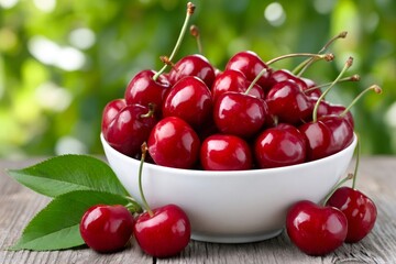 Cherries filling white bowl on wooden table