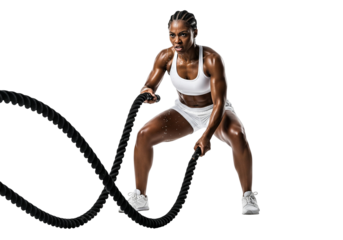 Strong African American Woman Doing Battle Ropes Workout Isolated