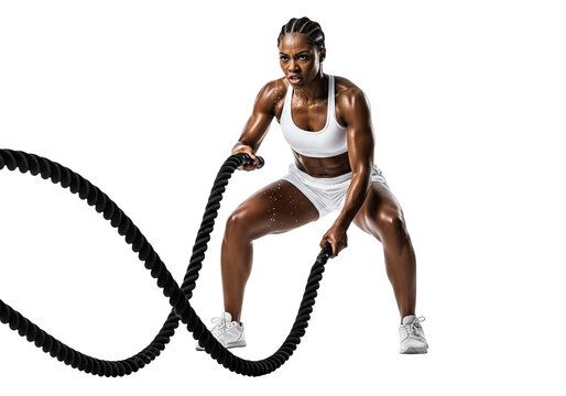 Strong African American Woman Doing Battle Ropes Workout Isolated