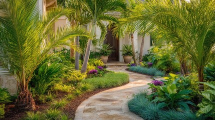 Scenic pathway leading to an entrance amidst lush tropical foliage