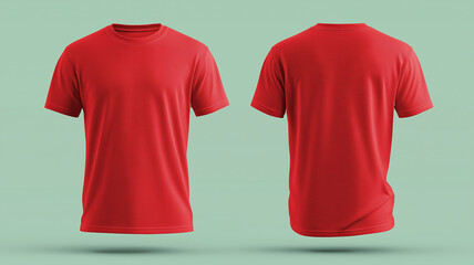 Front and back view of plain red T shirt mockup on pale green background, showcasing simple and vibrant design. Perfect for branding or fashion presentations