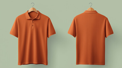 Front and back view of plain rust orange polo shirt mockup on hangers, showcasing simple and casual design. shirt is displayed against soft green background, highlighting its color