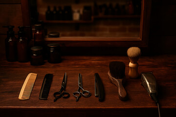 Vintage Barbershop Tools on Rustic Wooden Countertop &ndash; Warm Interior Scene.
