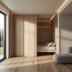 Convertible living space with hidden foldable bed and rotating wall divider