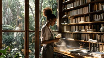 A serene scene unfolds as a woman stands by a window, sunlight streaming in, illuminating dust motes dancing in the air, while she delicately cleans a book in a room filled with bookshelves, creating 