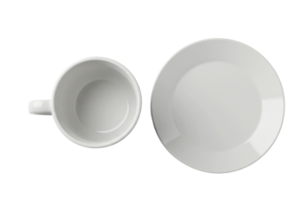 White ceramic coffee cup and saucer set transparent background cutout png