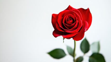Fototapeta premium Beautiful red rose in full bloom against a light background showcasing its delicate petals and green leaves