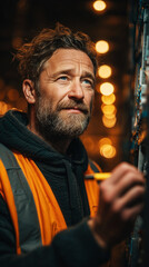 A man in an orange vest works with equipment, lit by warm light and soft bokeh.
