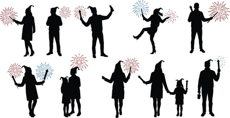 Party celebration silhouettes, family group with fireworks, festive hats, joyful poses, kids and adults, holiday event, New Year, festival vector illustration