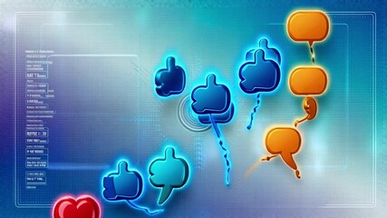 A digital illustration of a heart balloon thumbs up icons and dislike icons on a blue background - Powered by Adobe