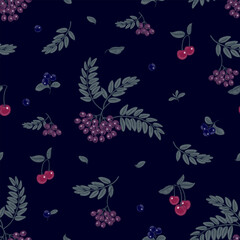 Seamless dark blue pattern. Rowan berry clusters, Cherries and  Blueberries on navy blue background. Vector
