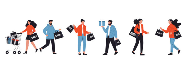 People with shopping bags, gifts, balloons, and discounts. Black Friday shopping vector set. People with shopping bags. Flat illustration for sale, retail, store, marketing, and e-commerce promotions
