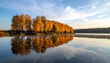 Autumn Reflections Golden Trees Mirroring in Calm Lake.