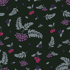 Seamless Dark green pattern. Rowan berry clusters, Cherries and  Blueberries on navy blue background. Vector