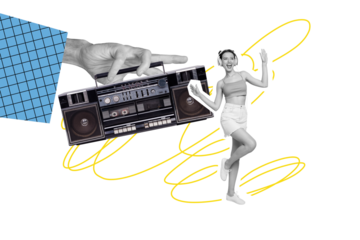Composite photo collage of happy girl dance weekend party listen music headphones boombox retro player event isolated on painted background
