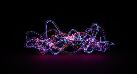 Dynamic neon light trails illustrating digital data flow and futuristic energy waves on a dark background, creating an intricate and vibrant abstract pattern
