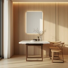 Fototapeta premium Minimal dining area with fold-down table and integrated smart lighting panel