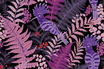 Seamless pattern. Hoopoe birds, wild rowan berries, forest flowers, fern leaves Vector. Vintage