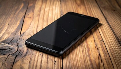 Black smartphone on wooden surface.