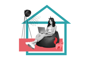 Composite photo collage of happy business girl remote work type laptop distance occupation sit home kitten isolated on painted background