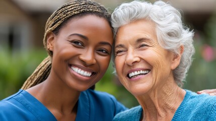 Caregiver and senior woman smiling enjoying support
