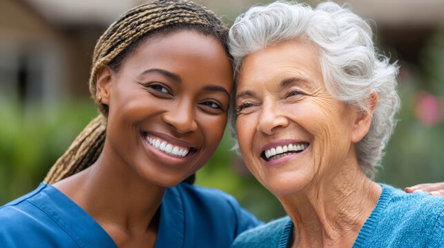 Caregiver and senior woman smiling enjoying support - Powered by Adobe