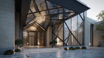 Luxurious Modern Geometric Building Entrance with Glass Facade and Lighting