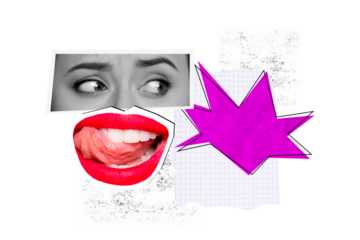 Composite photo collage of panic female eyes facial cut expression lips tongue lick teeth play flirt surgery isolated on painted background