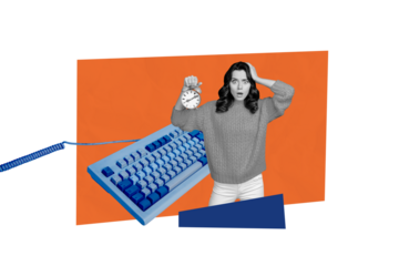 Composite collage picture image of confused nervous female hold clock deadline office weird freak bizarre unusual fantasy