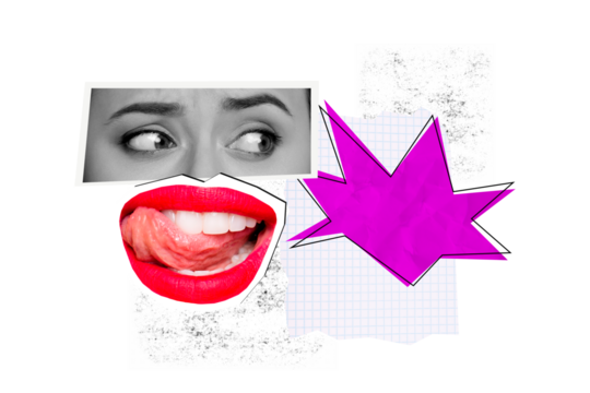 Composite photo collage of panic female eyes facial cut expression lips tongue lick teeth play flirt surgery isolated on painted background