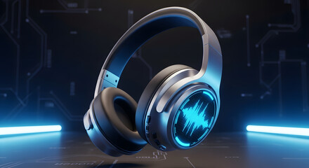 Futuristic Headphones with Glowing Soundwave Display