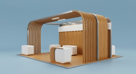 Modern exhibition booth design featuring natural wood accents and sleek white furniture, perfect for trade shows and corporate events.