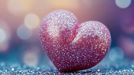 Fototapeta premium Sparkling Pink Heart Decoration with Dreamy Bokeh Background for Valentine’s Day, Wedding, Card, Poster, Romantic Event Design