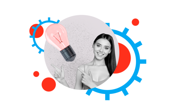 Trend artwork sketch composite 3d photo collage of idea lamp solve puzzle smart clever monochrome young lady finger point gesture choice