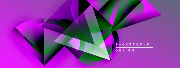 Abstract geometric shapes overlap, creating vibrant purple, green gradients. Modern design elements suggest dynamic movement, depth.
