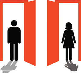 Male and Female Figures Silhouetted in Open Doors vector