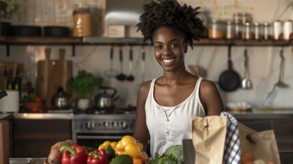 A cheerful young woman with natural hair stands in her bright kitchen, surrounded by fresh vegetables, a paper bag, and cooking utensils, radiating a sense of health and wellbeing
