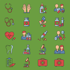 Medical and healthcare icon set on green background