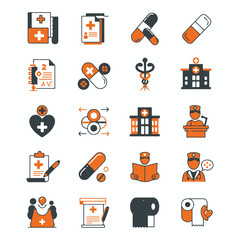 Medical healthcare icons in orange and dark gray on a white background