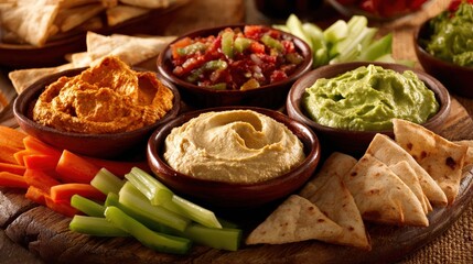 Assorted dips and fresh vegetables on a rustic platter for healthy snacking