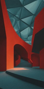 Abstract minimalist interior with bold red walls and a geometric blue ceiling.