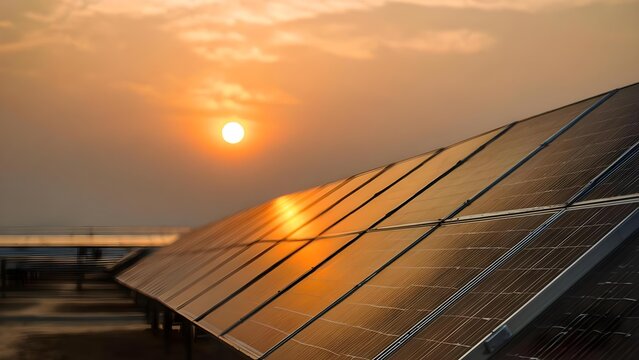 Sunset bathes a row of solar panels on a rooftop in warm orange light. Concept Sunset Rooftop Solar Panels, Golden Hour on Urban Solar Arrays, Warm Orange Dusk Lighting, Rooftop Energy Aesthetics