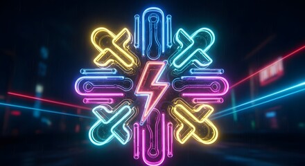 Futuristic urban landscape illuminated by a colorful abstract neon logo with an electric lightning symbol at its glowing core at night